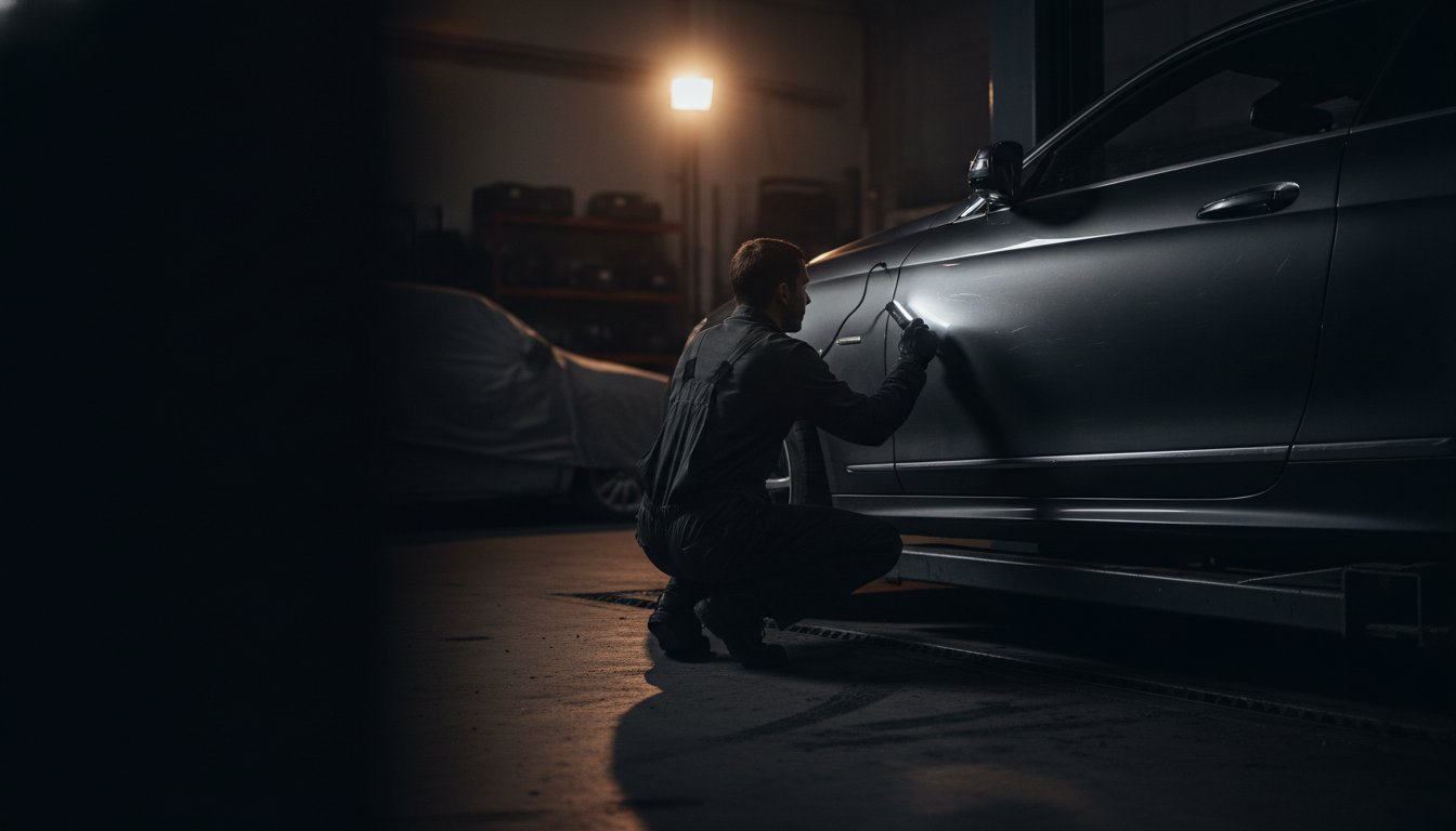 Ankaufstest in Wien Liesing: Gebrauchtwagen auf der Hebebühne, Mechaniker mit Prüfprotokoll in der Werkstatt Magarage
