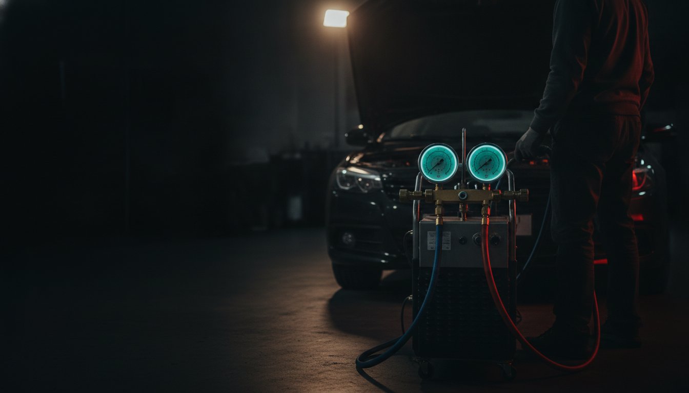 Klimaservice in Wien Liesing: Mechaniker der Magarage arbeitet am geöffneten Motorraum eines Autos in 1230 Wien