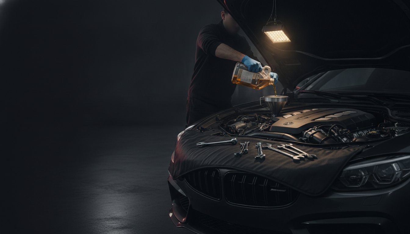 Auto Service in Wien Liesing: Mechaniker arbeitet am Motorraum in der Werkstatt Magarage