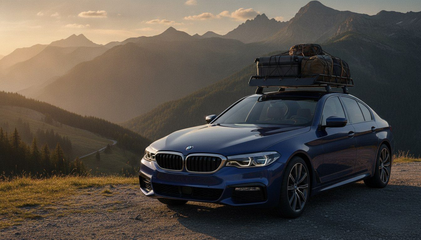 Dunkelblauer BMW mit Gepäck auf dem Dachträger vor Alpenkulisse — startklar für die Urlaubsfahrt