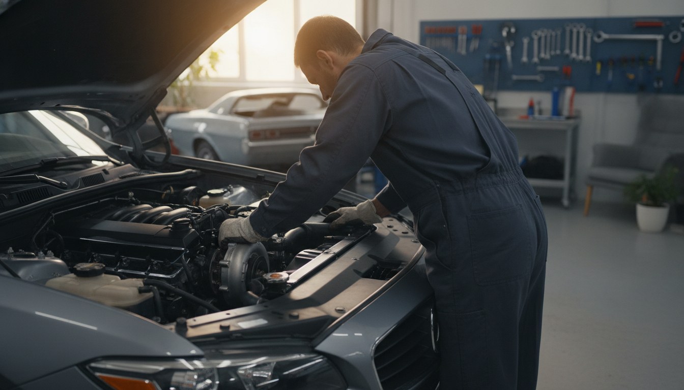 Mechaniker der Magarage arbeitet am Motor eines Fahrzeugs