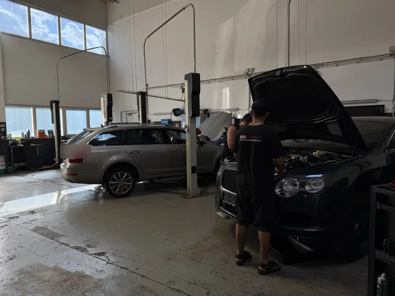 Mechaniker der Magarage kontrolliert den Motorraum eines Fahrzeugs in Wien Liesing
